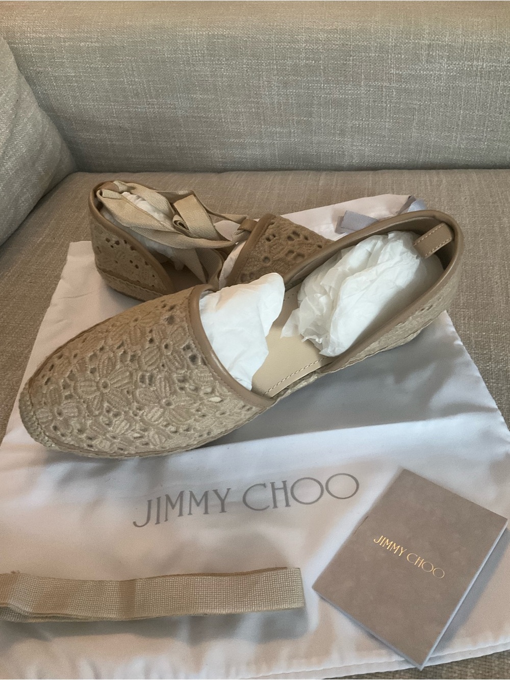Jimmy Choo Tan Crochet Espadrille Wedge Flats with Ankle Ties Size 38 1/2